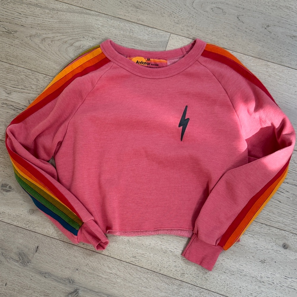 Aviator Nation Pink Sweatshirt with Multicolor Stripes